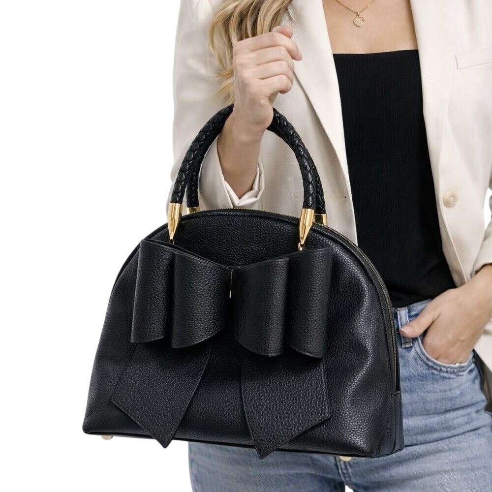 Grossi‎ Satchel Bag Women Medium Black Pebbled Faux Leather Bow Braided Handle